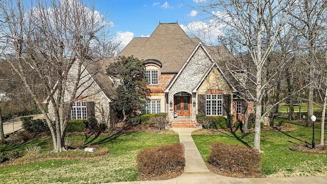 french provincial home with a front lawn, stone siding, and roof with shingles