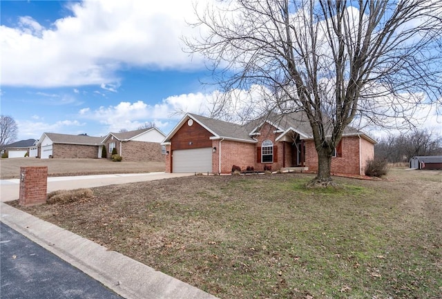 ranch-style house with driveway, brick siding, a front lawn, and an attached garage