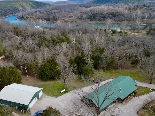 bird's eye view with a water view and a wooded view