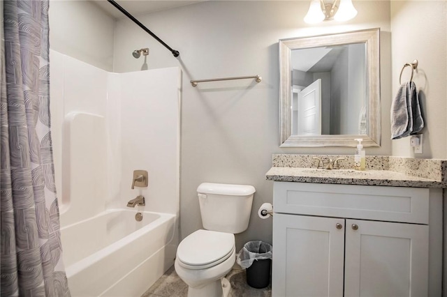 full bath featuring shower / tub combo, vanity, and toilet