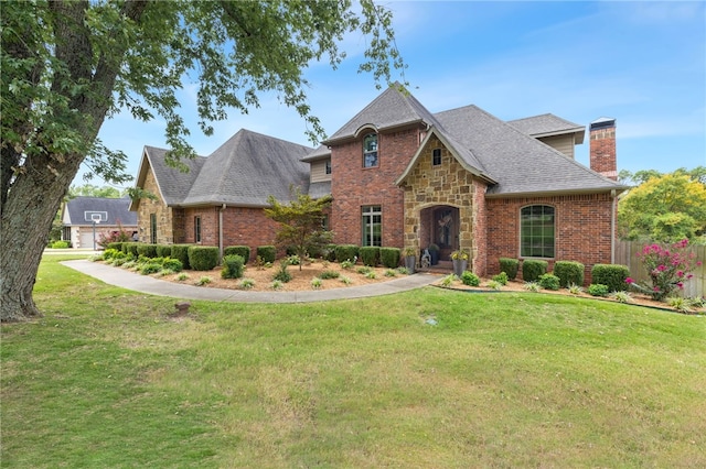 view of front of home with stone siding, brick siding, and a front yard