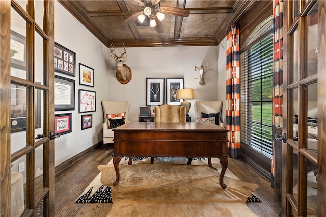 office featuring baseboards, ornamental molding, wood finished floors, and french doors