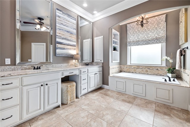 full bathroom with a garden tub, double vanity, a sink, and crown molding