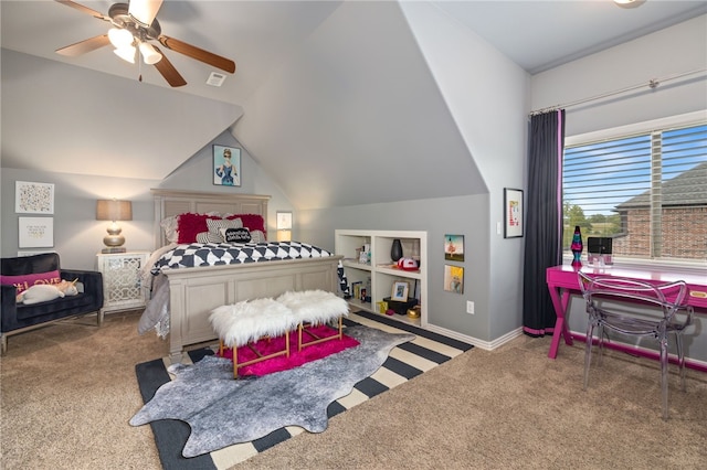 carpeted bedroom with lofted ceiling, ceiling fan, visible vents, and baseboards