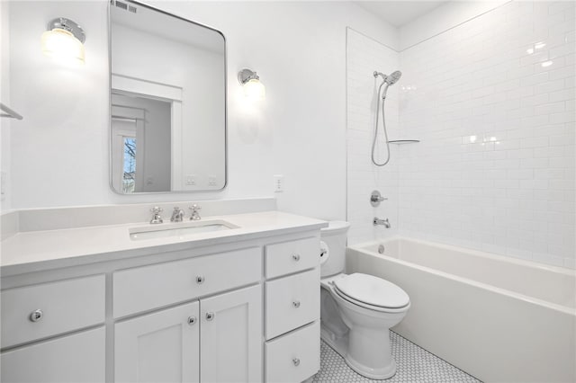 bathroom with shower / washtub combination, vanity, toilet, and tile patterned floors