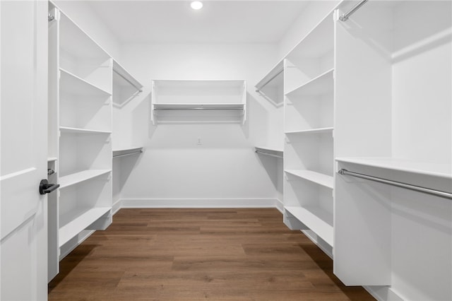 walk in closet with dark wood-style floors