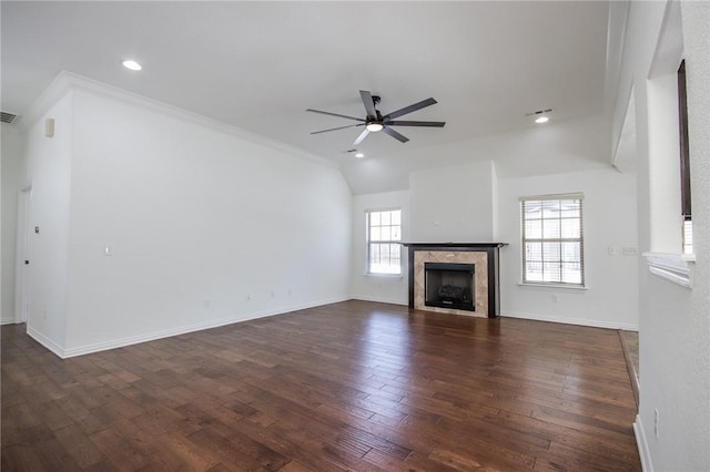 unfurnished living room featuring dark wood finished floors, a fireplace, recessed lighting, vaulted ceiling, and ceiling fan