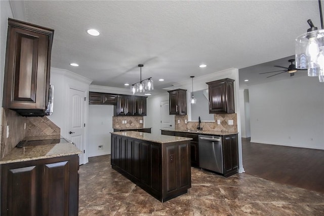 kitchen featuring dishwasher, a center island, dark brown cabinetry, and light stone countertops