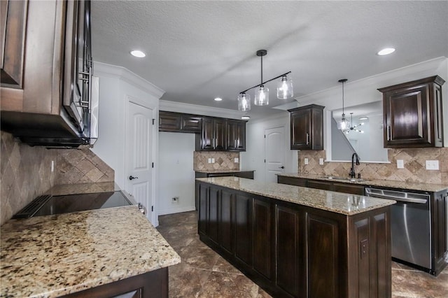 kitchen featuring dark brown cabinetry, a kitchen island, crown molding, stainless steel dishwasher, and a sink