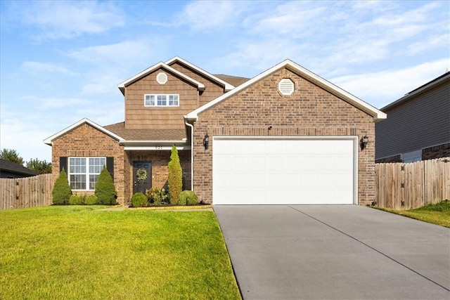 view of front of home with driveway, brick siding, a front lawn, and fence