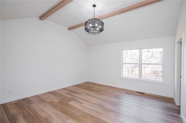 spare room featuring light wood-style floors, visible vents, lofted ceiling with beams, and baseboards