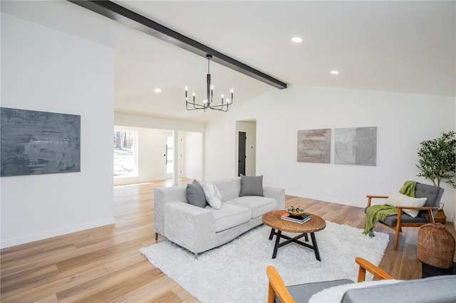 living area featuring vaulted ceiling with beams, recessed lighting, light wood-style floors, a chandelier, and baseboards