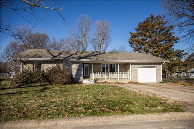 single story home featuring driveway, brick siding, an attached garage, a porch, and a front yard