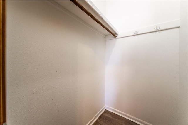 walk in closet with dark wood finished floors