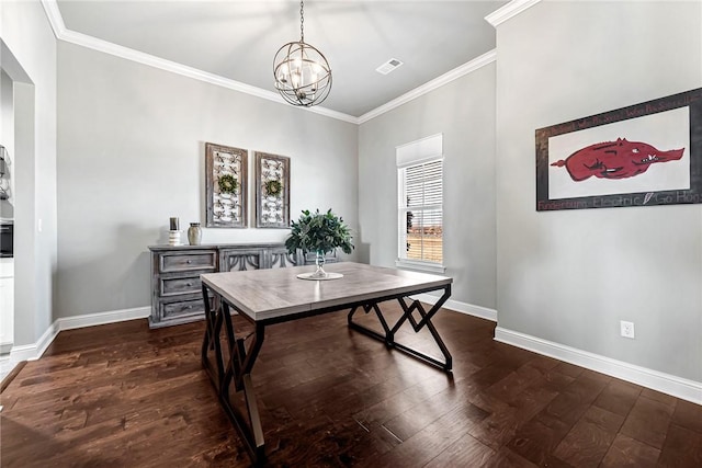 office space featuring baseboards, ornamental molding, a chandelier, and wood finished floors