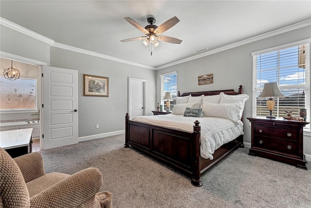 bedroom featuring baseboards, visible vents, and crown molding