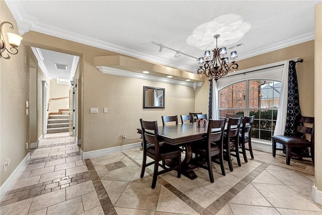 dining room with a notable chandelier, visible vents, baseboards, stairs, and ornamental molding