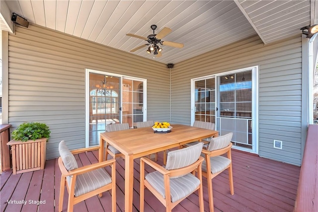 deck with a ceiling fan and outdoor dining space