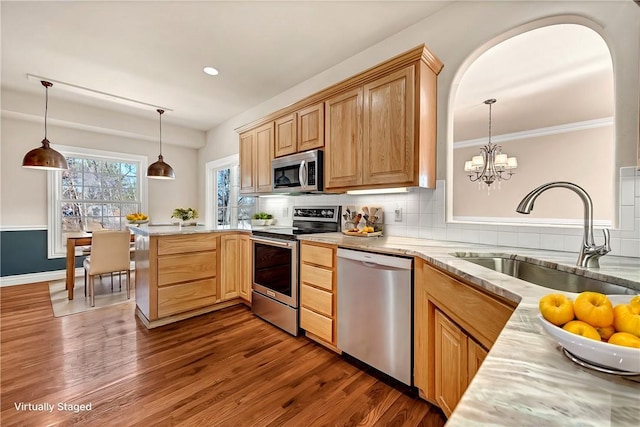 kitchen with stainless steel appliances, a peninsula, a sink, tasteful backsplash, and dark wood finished floors