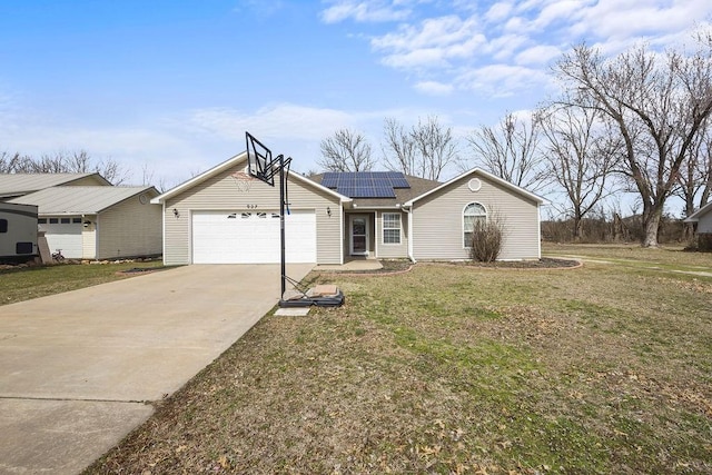 single story home with a garage, solar panels, concrete driveway, roof with shingles, and a front lawn