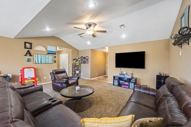 living area featuring baseboards, visible vents, a ceiling fan, carpet, and vaulted ceiling