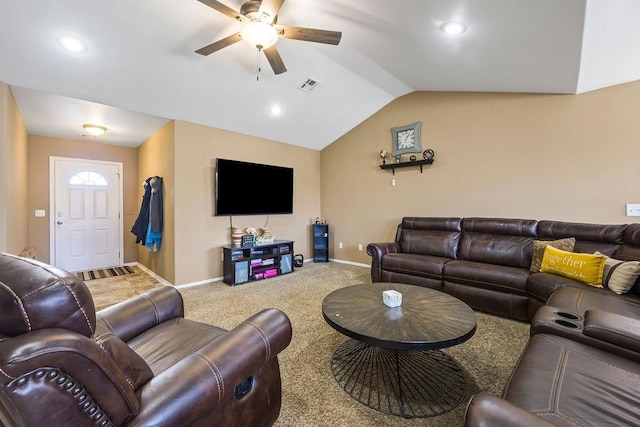 living room featuring lofted ceiling, visible vents, baseboards, a ceiling fan, and carpet