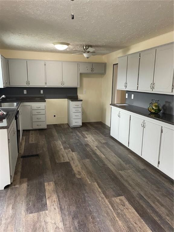 kitchen featuring dark countertops, a ceiling fan, dark wood-type flooring, and a sink