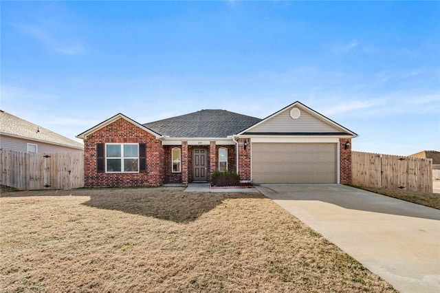 ranch-style house with concrete driveway, brick siding, an attached garage, and fence