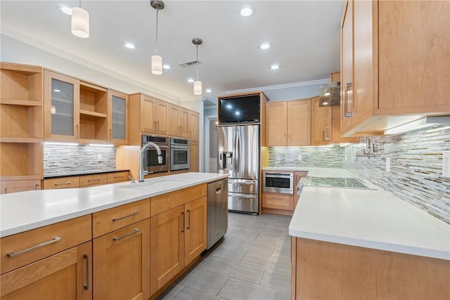 kitchen featuring open shelves, stainless steel appliances, light countertops, backsplash, and a sink