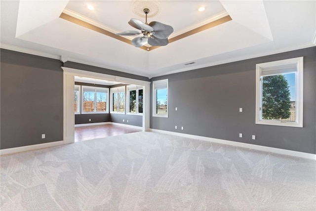 empty room with carpet floors, a tray ceiling, ornamental molding, and baseboards