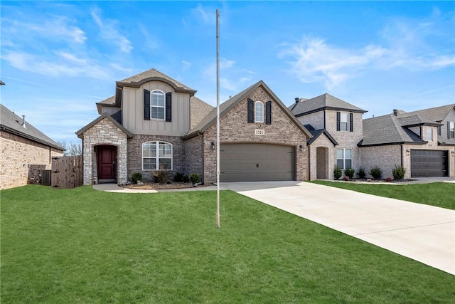 french country home featuring a garage, a shingled roof, concrete driveway, a front lawn, and board and batten siding