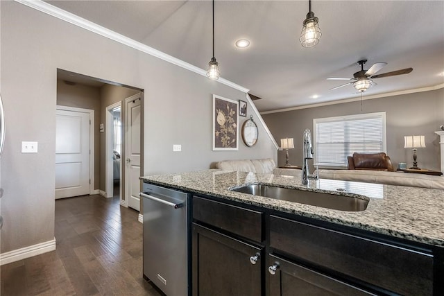 kitchen with open floor plan, dark wood-style flooring, crown molding, stainless steel dishwasher, and a sink