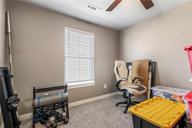 office space with carpet floors, a wealth of natural light, visible vents, and baseboards