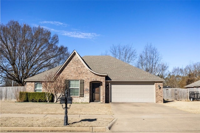 single story home with a garage, a shingled roof, concrete driveway, fence, and brick siding