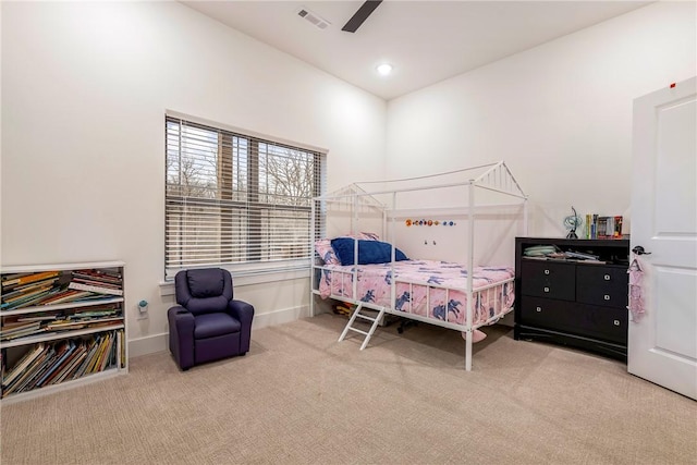 bedroom with carpet floors, recessed lighting, visible vents, ceiling fan, and baseboards