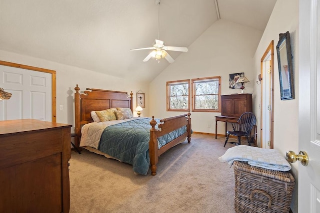 bedroom featuring a ceiling fan, carpet flooring, vaulted ceiling, and baseboards