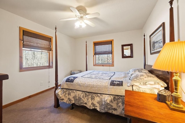 bedroom featuring carpet floors, a ceiling fan, and baseboards