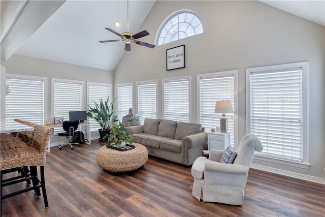 living area with a ceiling fan, dark wood finished floors, plenty of natural light, and high vaulted ceiling