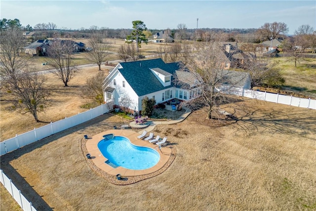 view of pool with a fenced backyard, a fenced in pool, and a patio