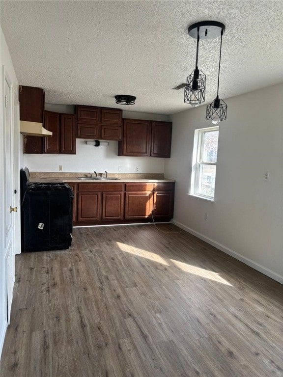 kitchen with dark wood-style flooring, a sink, black gas stove, baseboards, and light countertops