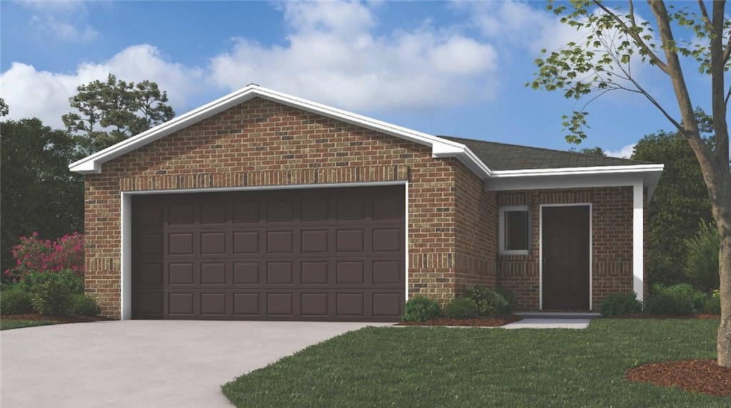 ranch-style house featuring driveway, an attached garage, a front yard, and brick siding