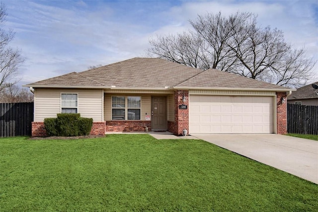 single story home featuring an attached garage, fence, a front lawn, and brick siding