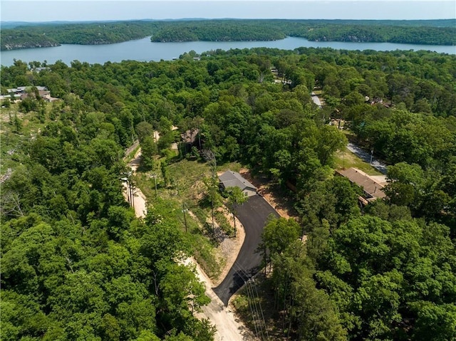 aerial view with a water view and a wooded view