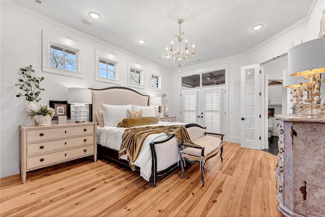 bedroom with light wood-style flooring, recessed lighting, french doors, and ornamental molding