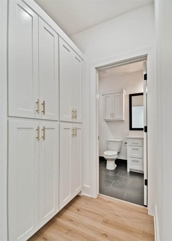 interior space with vanity, toilet, and wood finished floors