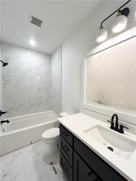 full bath featuring visible vents, toilet, marble finish floor, bathing tub / shower combination, and vanity