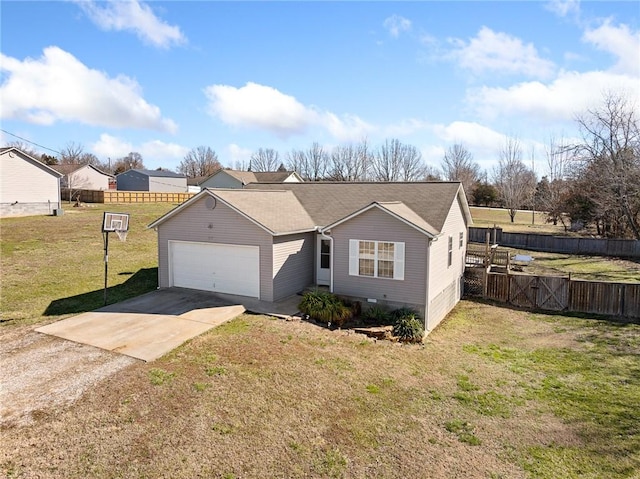 single story home with an attached garage, fence, driveway, crawl space, and a front yard