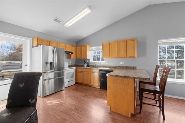 kitchen with a peninsula, a sink, black dishwasher, electric stove, and stainless steel fridge with ice dispenser