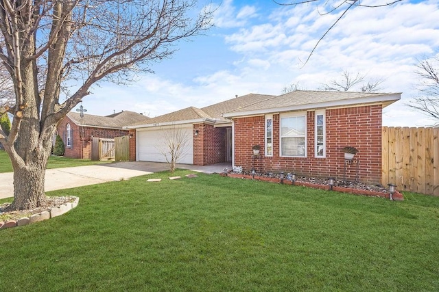 single story home with a garage, brick siding, fence, driveway, and a front lawn