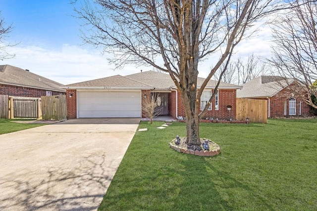 ranch-style house featuring an attached garage, brick siding, fence, concrete driveway, and a front lawn